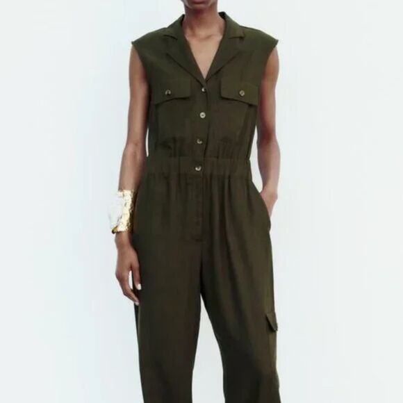 NWT ZARA SLEEVELESS LINEN BLEND JUMPSUIT - Picture 4 of 10